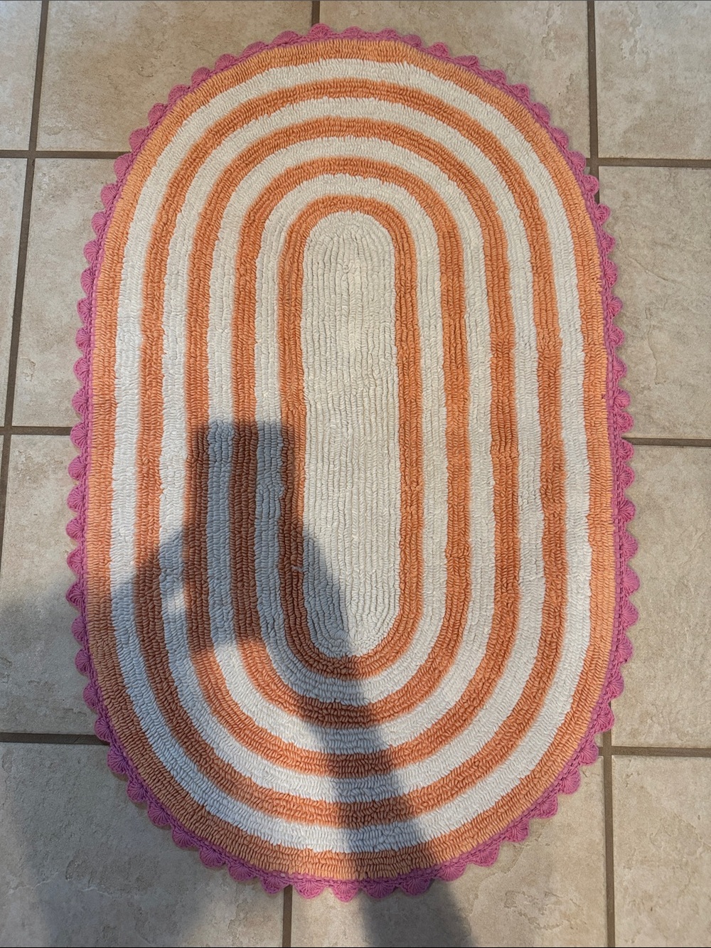 Rug Mat White and Orange Striped Oval Door Mat with Pink Scalloped Edge